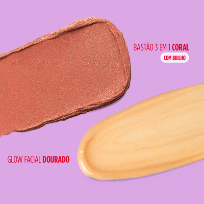 Blush, batom e sombra e muito glow